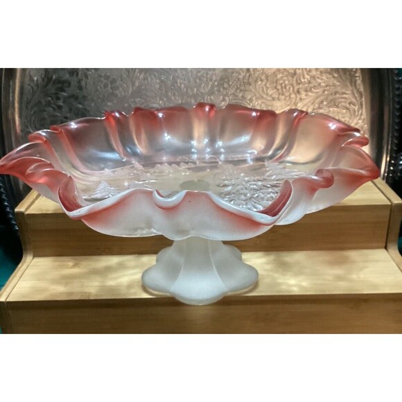 Mikasa “Christmas Story” Crystal Compote Candy/Fruit Dish Frosted With Red Trim - Picture 12 of 13